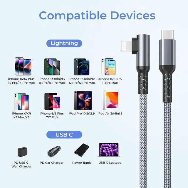 Alt view image 7 of 7 - Basesailor for Apple iPhone 14 13 Max Plus,Charger Cable Right Angle 3.3FT,90 Degree USB C to Lightning Cord with USB A Adapter,Fast Charging Power Cord for iPhone 12 11 XS XR X 8 7 6 SE,iPad 8th 9th