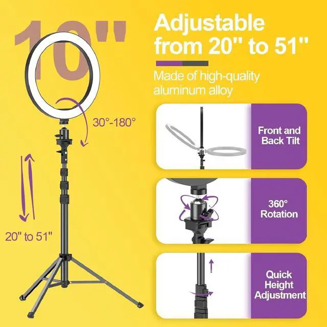 Alt view image 3 of 6 - EMART 10" Ring Light with 55" Extendable Tripod Stands and Phone Holder, Dimmable LED Circle Round Light for Selfie Camera Photography/Makeup/YouTube Video/Vlogging/Live Streaming