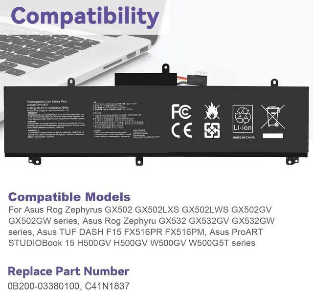 Alt view image 4 of 7 - C41N1837 Laptop Battery for ASUS ROG Zephyrus G15 GA501I GA502 GA502D GA502DU GA502GU GA502IV GU502 GU502DU GX502GW GX532GV GU532GW GU502LU GU502LW GU502LV GX502LXS GX502GV GX502GW 0B200-03380100