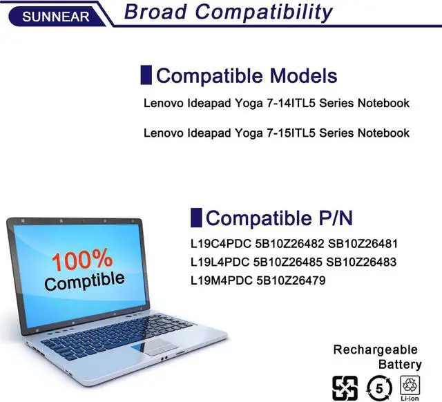 Alt view image 4 of 6 - 71Wh L19C4PDC L19L4PDC L19M4PDC Laptop Battery Compatible with Lenovo Ideapad Yoga 7-14ITL5 7-15ITL5 Series 5B10Z26482 5B10Z26485 5B10Z26479 SB10Z26481 15.36V 4675mAh