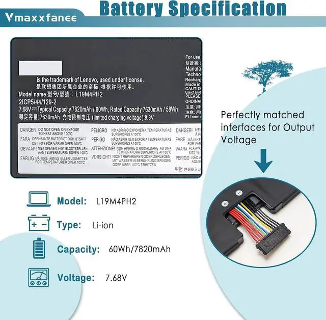 Alt view image 2 of 7 - 7.68V 60Wh Lenovo L19M4PH2 L19C4PH2 Battery Replacement for Lenovo Yoga 9-14ITL5 Yoga 9i (14inch) 2-in-1 Series 5B10Z33896 5B10Z33895 7630mAh