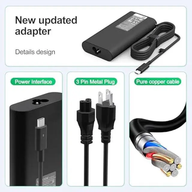 Alt view image 5 of 5 - 130W Laptop Charger USB C Type C Compatible with Dell XPS 15 9575 9520 9510 9500 17 9720 9710 9700 Precision 5530 5550 5560 5570 5750 Latitude 5411 5421 5511 5520 5521 Power Cord