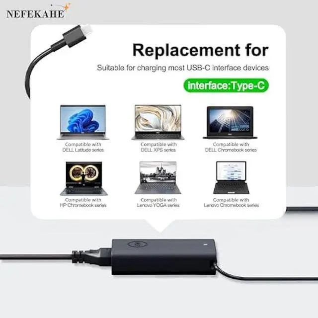Alt view image 3 of 6 - 65W USB C Laptop Charger Compatible with Dell Chromebook 3100 3110 2-in-1 Latitude 5420 5410 5430 5450 5540 7410 7420 7440 9350 9380 9360 DA65NM190 LA65NM190 Computer AC Adapter