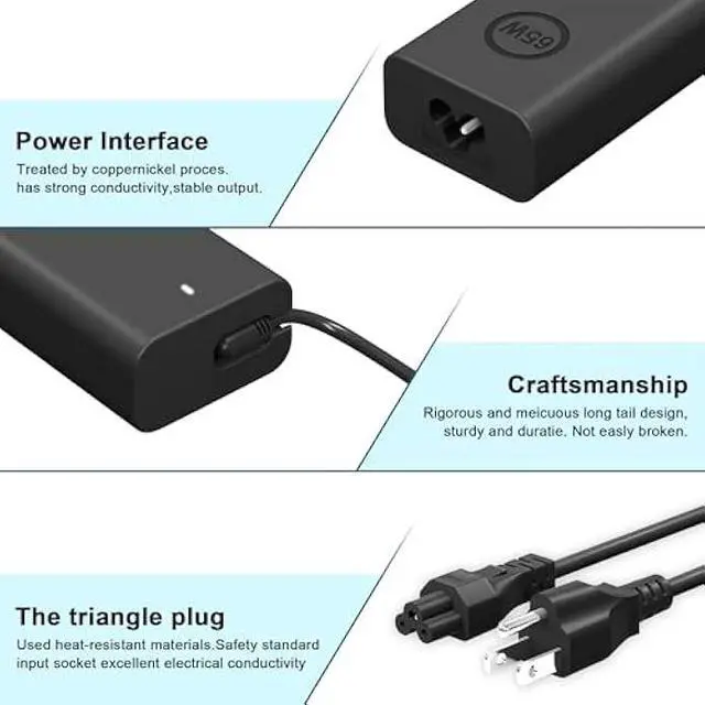 Alt view image 4 of 6 - 65W USB C Laptop Charger Compatible with Dell Chromebook 3100 3110 2-in-1 Latitude 5420 5410 5430 5450 5540 7410 7420 7440 9350 9380 9360 DA65NM190 LA65NM190 Computer AC Adapter