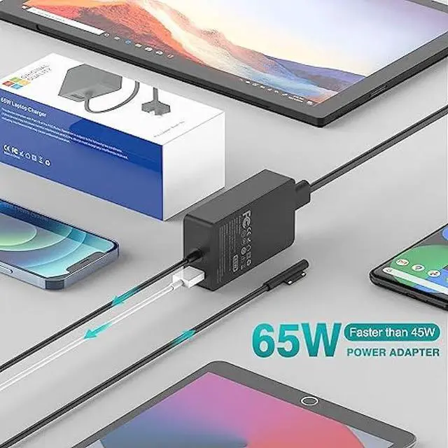 Alt view image 3 of 6 - 65W Charger Compatible with Microsoft Surface Pro 11, 10, 9, 8, 7+, 7, 6, 5, 4, 3, X, Power Adapter for Windows Surface Laptop 7/6/5/4/3/2/1, Go Tablet, Book 3/2/1, Support 44W, 36W, LED, 10FT