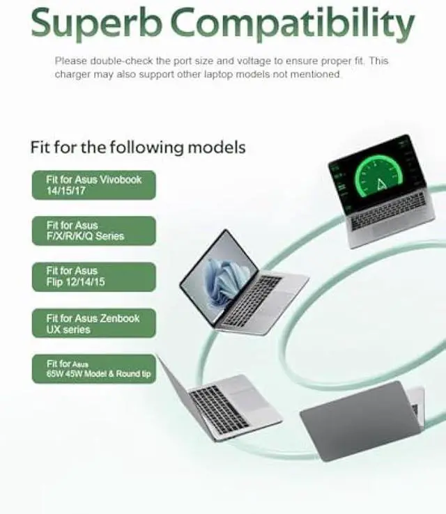 Alt view image 3 of 5 - Dexpt Charger Fit for Asus Laptop with Round Port (UL Safety Certified) - Fit for Vivobook, Zenbook & More Replacement, 65W/45W/33W, LED Indicator, 7.5Ft Power Cable