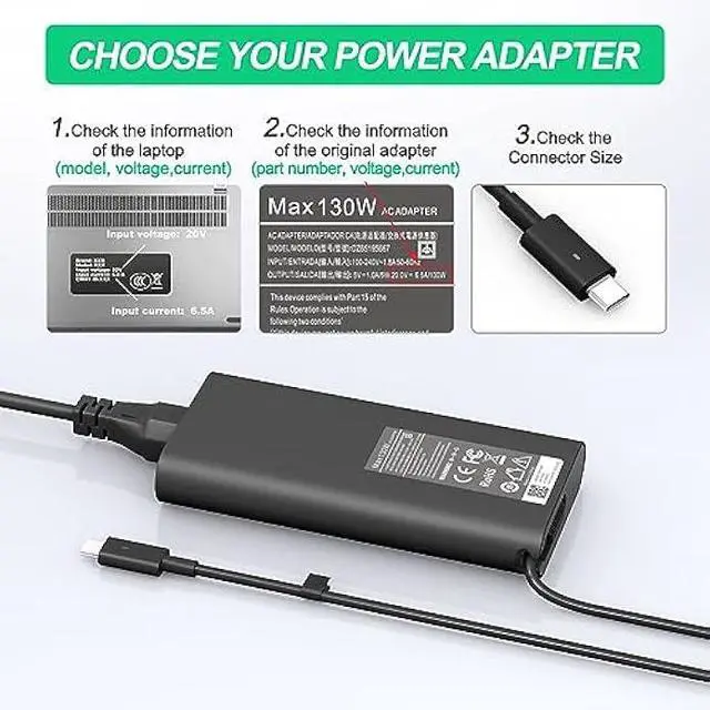 Alt view image 4 of 5 - 130W Laptop Charger USB C Type C Compatible with Dell XPS 15 9575 9520 9510 9500 17 9720 9710 9700 Precision 5530 5550 5560 5570 5750 Latitude 5411 5421 5511 5520 5521 Power Cord