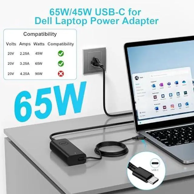 Alt view image 3 of 5 - USB C Laptop Charger Compatible with Dell Laptop Charger 65W 60W Latitude 5420 5520 5450 and XPS Computer Type C Fast Power Adapter