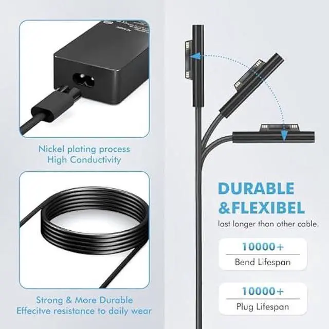 Alt view image 4 of 5 - 65W Surface Pro Laptop Charger Compatible with Microsoft Surface Pro 9 8 7 6 5 4 3 X Power Adapter,Surface Laptop 1 2 3,Compatible with Both Microsoft Surface Book Laptop/Tablet