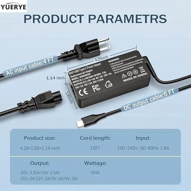Alt view image 5 of 5 - 65W USB C Laptop Charger Compatible with Lenovo ThinkPad T14 T15 T16 E14 E15 T480S T580S E480 E580 X1 Carboon Yoga 7i 9i C930 C940 Chromebook C330 S330 Fast Power Adapter