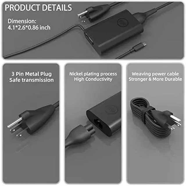 Alt view image 5 of 5 - 65W 45 Watt AC Adapter Compatible with Dell Laptop Charger USB C Computer Latitude 5420 7420 5540 5440 3540 7440 5450 5430 5520 5530 7430 E5430 E5440,XPS 13 Type C Power Cord