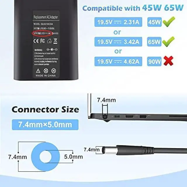 Alt view image 3 of 5 - 65W LA65NS2-01 Laptop Charger AC Adapter for Dell Latitude 5400 5500 5480 5490 5580 5590 7400 7480 7490 7390 7290 7280 3440 E5400 E5420 E5450 E5470 E5480 E5570 E6420 E6430 E6540 E7470 E7480 LA65NM130