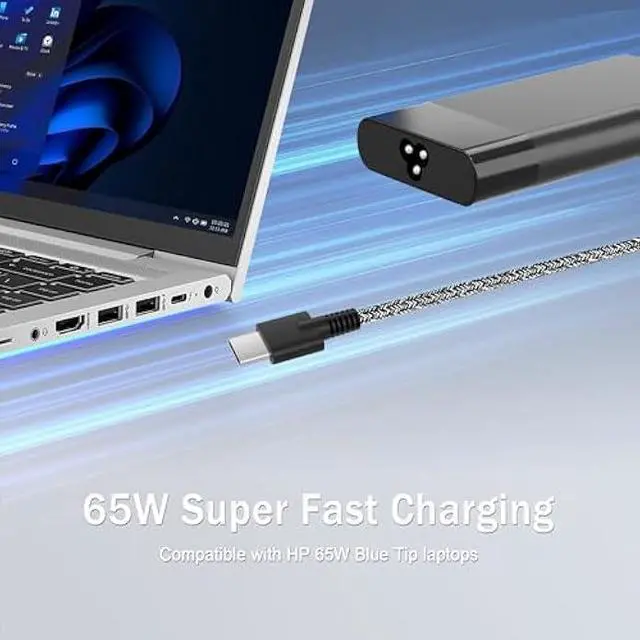 Alt view image 5 of 7 - 2025 New Slim 65W USB C Laptop Charger Replacement for HP Laptop Charger Elitebook x360 Pavilion Spectre Envy Elite x2 Computer Travel Type C Braided Cable Power Cord Ac Adapter