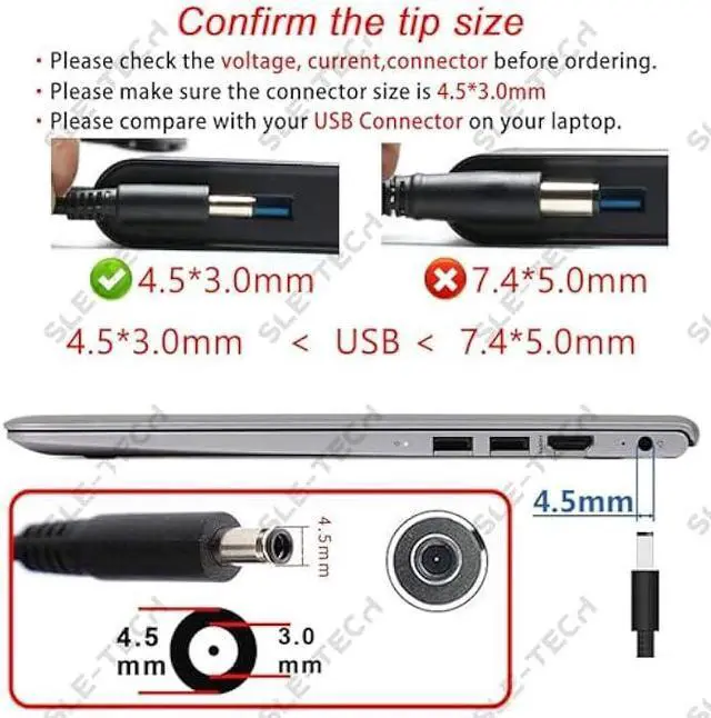 Alt view image 5 of 6 - SLE-TECH 45W AC Adapter Charger Compatible with Dell Inspiron 15 3000 500015-3552 3555 3558 3565 3567 5551 5552 5555 5558 5559 5565 5567 5568 5578 7558 7568 7569 7579