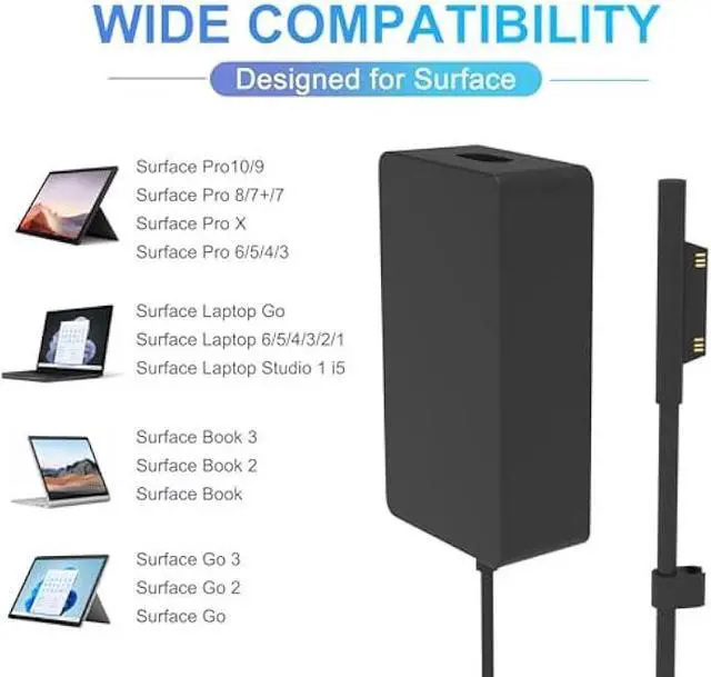 Alt view image 2 of 5 - 65W Surface Pro Laptop Charger for Microsoft Surface Pro 10, 9, 8, 7, 7+, 6, 5, 4, 3, X, Windows Surface Laptop 6, 5, 4, 3, 2,1, Surface Book 3, 2, 1, Surface Go Tablet, 10FT, LED,Supply 36W, 44W