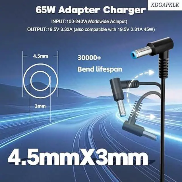 Alt view image 5 of 7 - 65W 45W Laptop Charger Compatible with HP Pavilion x360 14 15 17, Stream 11 13 14, Notebook, Elitebook, ProBook Series Smart Blue Tip AC Adapter with Power Cord 4.5mm x 3.0mm
