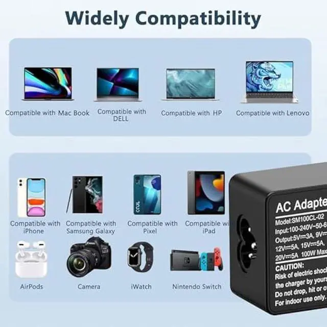 Alt view image 3 of 7 - USB C Laptop Charger, 100W AC Laptop Power Adapter Replacement for Lenovo, ThinkPad, HP, Asus, Acer, MacBook, MSI, Dell,Toshiba,Universal Chromebooks Type C Power Cord