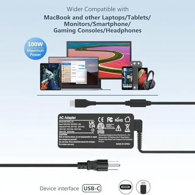 Alt view image 4 of 7 - USB C Laptop Charger, 100W AC Laptop Power Adapter Replacement for Lenovo, ThinkPad, HP, Asus, Acer, MacBook, MSI, Dell,Toshiba,Universal Chromebooks Type C Power Cord