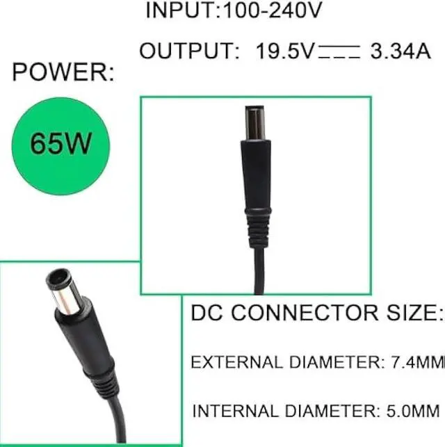 Alt view image 4 of 4 - 65W AC Power Adapter Compatible with Dell Latitude 7480 E5440 E5470 E6540 E7440 E7450 E7250 E6440 E6430 7490 7290 5490 5590 5290 19.5V 3.34A Laptop Charger