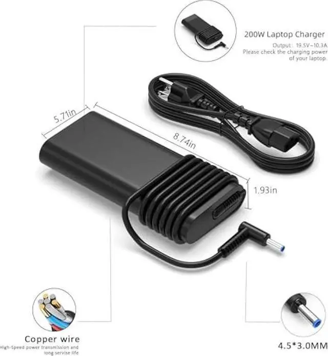 Alt view image 3 of 7 - High Power 200W Omen Charger Compatible with HP OMEN 15 17 Victus Gaming Laptop 15 17 ZBook 17 15 15u Studio G9 G10 17-ab 17-cd 16-a 16-ab 15-cb 15-dk 15-bc 15-ec 15-cx TPN-DA10 Power Cord