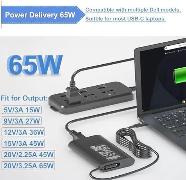 Alt view image 2 of 5 - 65W USB-C Latitude Charger fit for Dell Latitude 3420 3540 5550 5520 5420 5430 5440 5340 5320 5630 5640 7440 7430 7420 7410 7370 7390 2-in-1, Dell XPS 13 9350 Type-C Adapter