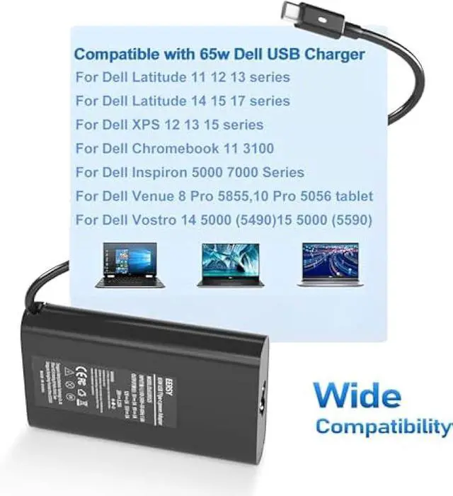Alt view image 4 of 5 - 65W USB-C Latitude Charger fit for Dell Latitude 3420 3540 5550 5520 5420 5430 5440 5340 5320 5630 5640 7440 7430 7420 7410 7370 7390 2-in-1, Dell XPS 13 9350 Type-C Adapter