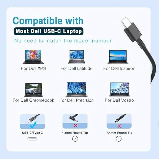 Alt view image 3 of 6 - Laptop Charger for Dell Latitude XPS 13 12 Insprion 13 14 15 16 Chromebook Precision 9305 7420 5540 5520 5450 5420 etc. Universal Slim 65W 45W USB C Power Adapter with LED, Original Quality, 10FT Cord