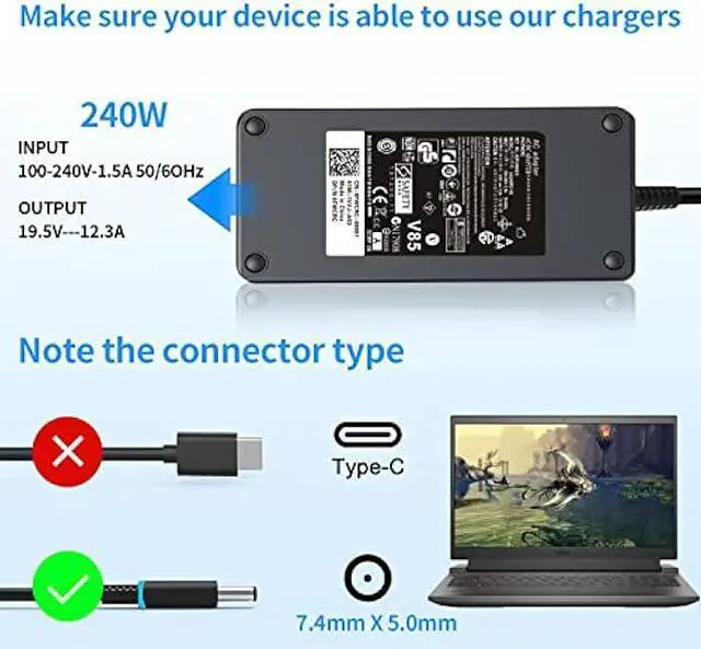 Alt view image 2 of 6 - 240W 19.5V 12.3A Laptop Charger Compatible with Dell Alienware M17 R1 R2 R3 R4 R5 M17X R2 R3 M18X Area-51m R2 G5 G7 Adapter Power