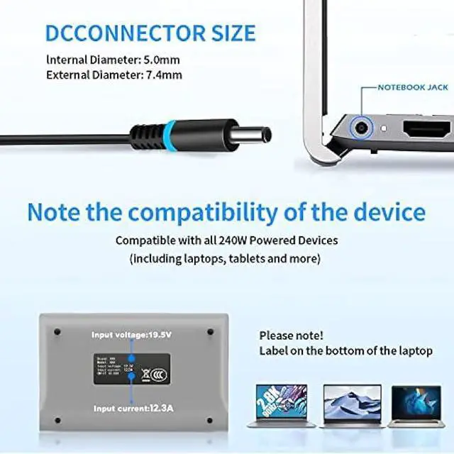 Alt view image 4 of 6 - 240W 19.5V 12.3A Laptop Charger Compatible with Dell Alienware M17 R1 R2 R3 R4 R5 M17X R2 R3 M18X Area-51m R2 G5 G7 Adapter Power