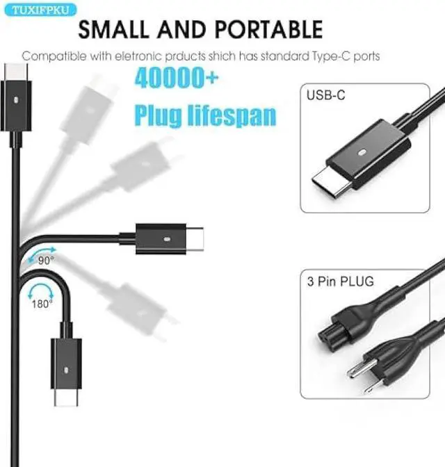 Alt view image 2 of 5 - 65W USB C Laptop Charger Compatible with Dell Latitude 5420 5520 5530 5550 5540 5430 5450 5440 7420 2-in-1 7430 7440 Inspiron 14 2-in-1 Chromebook 3100 XPS 13 60W Type C Power Cord
