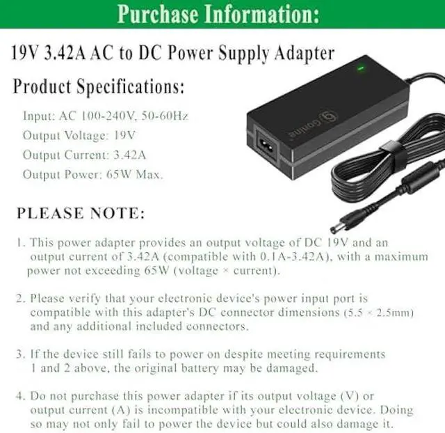 Alt view image 2 of 5 - Gonine 19V 3.42A Power Supply Laptop Charger Cord 19Volt 65W 60W 45W AC to DC Power Adapter, Compatible for 19Vdc Gateway Toshiba Acer Laptop, JBL Speaker, Samsung LG LCD Monitor etc.