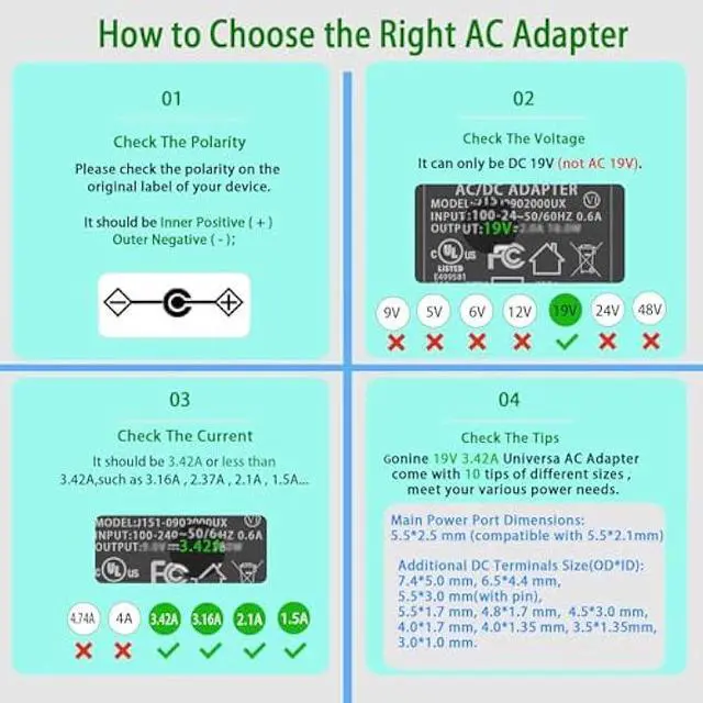 Alt view image 4 of 5 - Gonine 19V 3.42A Power Supply Laptop Charger Cord 19Volt 65W 60W 45W AC to DC Power Adapter, Compatible for 19Vdc Gateway Toshiba Acer Laptop, JBL Speaker, Samsung LG LCD Monitor etc.