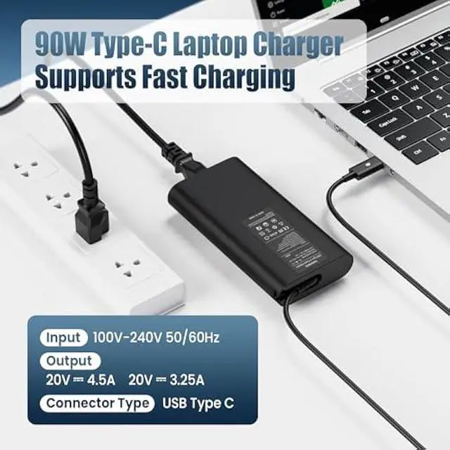 Alt view image 2 of 5 - 90W USB C Laptop Charger Compatible with Dell XPS 13 9365/9360/ 9370/7390/ 9300/9310/ 9320; Latitude 5400/5410/ 7300/7310/ 7400/7410; Inspiron 13/14/15 Type-C PD Fast Power Adapter