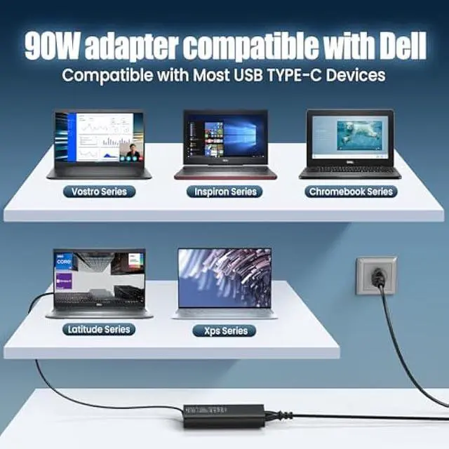 Alt view image 5 of 5 - 90W USB C Laptop Charger Compatible with Dell XPS 13 9365/9360/ 9370/7390/ 9300/9310/ 9320; Latitude 5400/5410/ 7300/7310/ 7400/7410; Inspiron 13/14/15 Type-C PD Fast Power Adapter