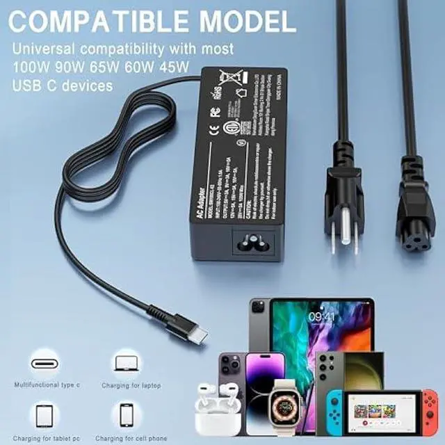 Alt view image 4 of 5 - USB C Laptop Charger 100W Type C Charger Fast Charging Compatible with Lenovo ThinkPad Mac Book HP Dell Asus Acer Google MSI ROG Ally Steam Deck Type C Power Cord for 90W 65W 45W PD 3.0