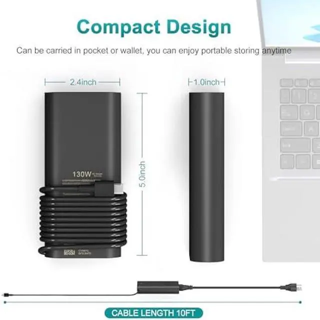 Alt view image 3 of 7 - 130W USB C Laptop Charger Compatible with Dell XPS 15/17,9575Precision 5750 5570 5550 5530 3551 3550 3560 Latitude 5420 5510 7410 7310 7210 9410 9510 AC Cable
