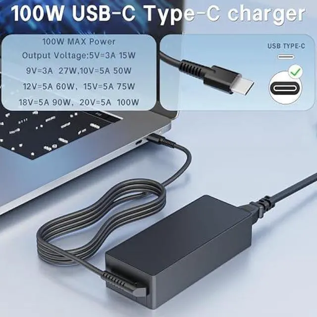 Alt view image 2 of 5 - USB C Laptop Charger 100W Type C Charger Fast Charging Compatible with Lenovo ThinkPad Mac Book HP Dell Asus Acer Google MSI ROG Ally Steam Deck Type C Power Cord for 90W 65W 45W PD 3.0