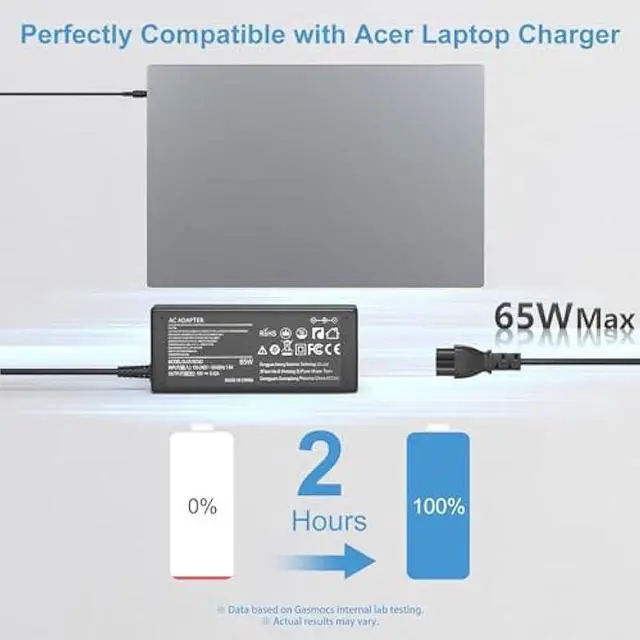 Alt view image 2 of 6 - 65W Laptop Charger Compatible with Acer adp-45fe f Aspire 3 5 Series N23C3 N20C5 N20C6 N23H1 A315-24P PA-1450-26 N15Q9 N15Q8 N15Q10 A515-56 A13-045N2A Adapter Laptop Power