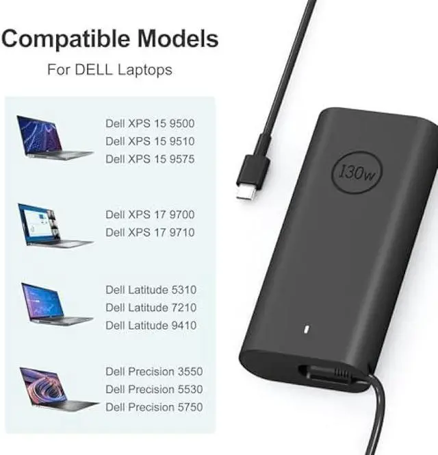Alt view image 4 of 7 - 130W USB C Laptop Charger Compatible with Dell XPS 15/17,9575Precision 5750 5570 5550 5530 3551 3550 3560 Latitude 5420 5510 7410 7310 7210 9410 9510 AC Cable