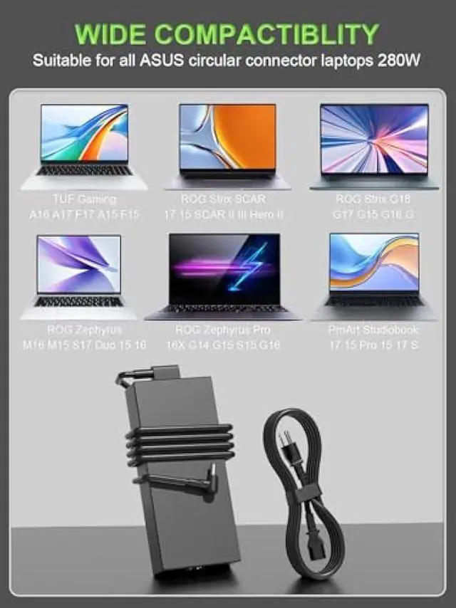 Alt view image 4 of 6 - 280W Charger Compatible with Asus ROG Strix G18 G17 G16 G15 G814 G713 G614 G513 Scar 15 17 G733 G732 G533 TUF A16 Flow X16 GV601 ProArt W730 Zephyrus Duo 15 16 S17 Laptop