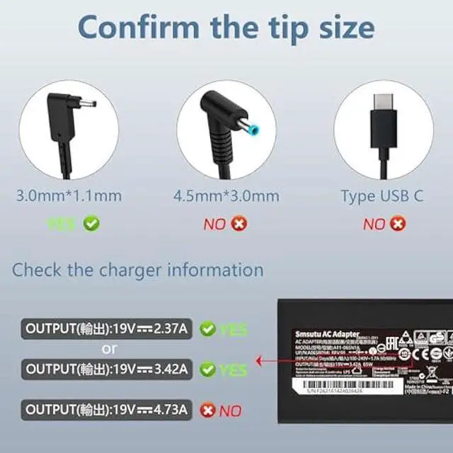 Alt view image 4 of 5 - N20C5 N20C6 N23H3 N22C6 N22C5 N15Q8 N20C12 N16P1 N19H2 65W Small Pin 3.0*1.1mm Laptop Charger Fit for Acer Aspire A315-24P-R7VH A515-56 A515-54 A515-55 A517-52 A515-58 A314-23P A315-23 Adapter Power