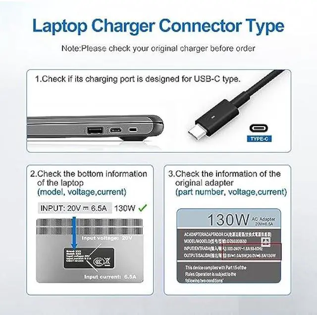 Alt view image 4 of 6 - 130W USB C Laptop Charger for Dell XPS 15 2in117 9520 9575 9700 Precision 5470 5480 5760 5770 3550 3560 3570 3571 2in1 Latitude 7410 7310 7210 9410 9510 9575 5420 5520 5510 AC Adapter Power Cord