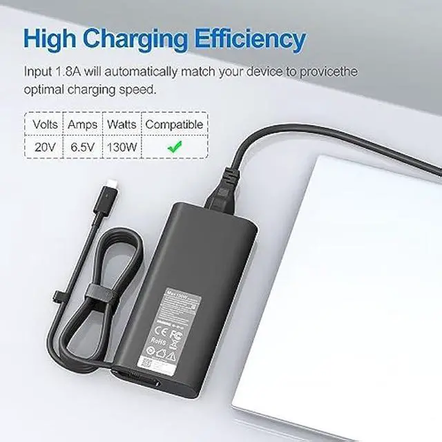 Alt view image 5 of 6 - 130W USB C Laptop Charger for Dell XPS 15 2in117 9520 9575 9700 Precision 5470 5480 5760 5770 3550 3560 3570 3571 2in1 Latitude 7410 7310 7210 9410 9510 9575 5420 5520 5510 AC Adapter Power Cord