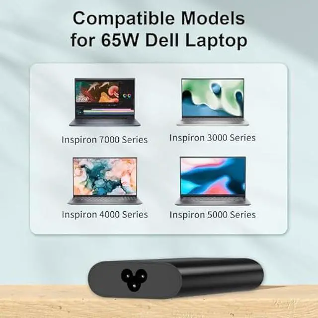 Alt view image 4 of 6 - 65W Slim Adapter Replacement for Dell Inspiron 15 Charger Laptop Inspiron 13 14 15 17 3000 5000 7000 Latitude Vostro XPS 13 la65ns2-01 Computer AC Power Cord 6ft - Two Round Tip 4.5 mm & 7.4mm