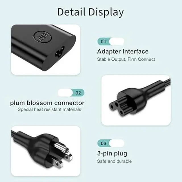 Alt view image 6 of 6 - 65W Slim Adapter Replacement for Dell Inspiron 15 Charger Laptop Inspiron 13 14 15 17 3000 5000 7000 Latitude Vostro XPS 13 la65ns2-01 Computer AC Power Cord 6ft - Two Round Tip 4.5 mm & 7.4mm