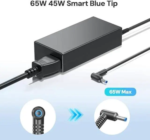 Alt view image 3 of 6 - 65W Charger Fit for HP Model 15, Pavilion 15/17 Laptop, 15-F272wm 15-F387wm 15-F233wm 15-F222wm 15-F211wm 15-F337wm, Compatible with HP Smart Blue Tip Power Adapter, 4.5mm