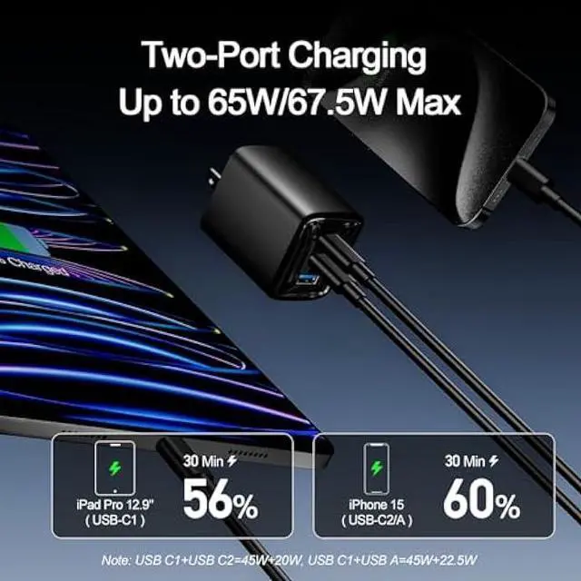 Alt view image 2 of 3 - 70W USB C Charger Block for MacBook Air MacBook Pro, 3-Port Wall Charger Compact Foldable for iPad Pro Air Mini, iPhone 16 15 14 13 12, 45W PPS Fast Charging for Galaxy S24 S23 S22 S21 Note 20, Pixel