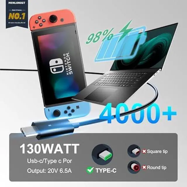 Alt view image 5 of 5 - 2025 New Replacement Dell 130W Laptop Charger USB C Type C Slim AC Power Adapter Dell XPS 15 2in1 9575 Precision 5550 5530 2in1 Latitude 7410 7310 7210 9410 9510 9575 5420 5520 5510 Power Supply Cord