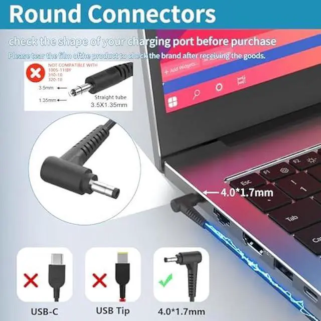 Alt view image 2 of 5 - 65W AC Adapter fit for Lenovo V14 V15 V17 G2 G3 G4, IdeaPad 1 3 5 Flex 4 5 5i 6 1470 1480, IdeaPad L340 S145 S340 S540; Yoga 720 710 510 ADLX65CDGU2A Laptop Charger Power Supply Cord