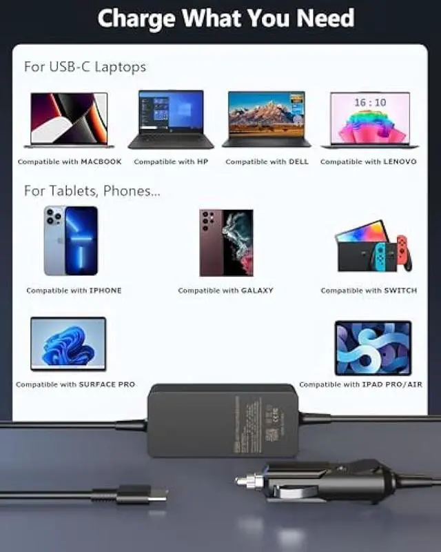 Alt view image 5 of 7 - 100W USB C Laptop Car Charger Compatible with HP Spectre/Elitebook, Lenovo ThinkPad/Yoga/IdeaPad, MacBook pro/air, Dell, Samsung, Asus, Acer - Universal Type C Laptop Power Adapter Cord